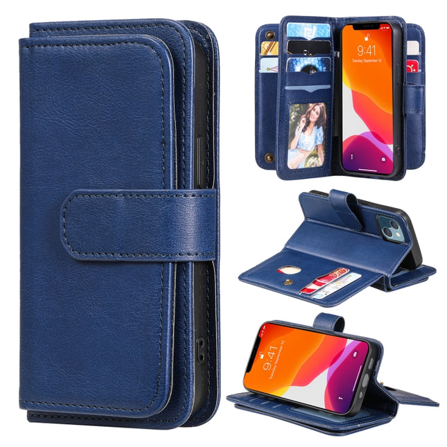 Multifunctional Magnetic Copper Buckle Horizontal Flip Solid Color Leather Case with 10 Card Slots & Wallet & Holder & Photo Frame For iPhone 13 mini(Dark Blue)-garmade.com