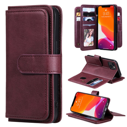 Multifunctional Magnetic Copper Buckle Horizontal Flip Solid Color Leather Case with 10 Card Slots & Wallet & Holder & Photo Frame For iPhone 13(Wine Red)-garmade.com