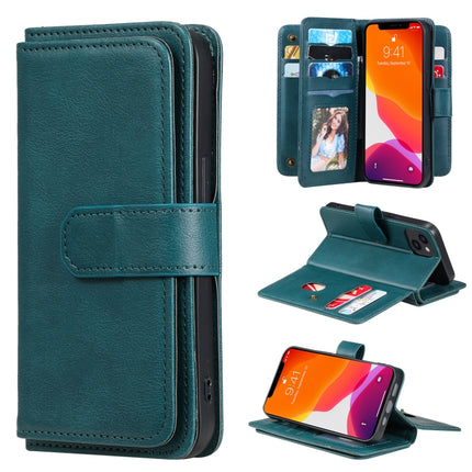 Multifunctional Magnetic Copper Buckle Horizontal Flip Solid Color Leather Case with 10 Card Slots & Wallet & Holder & Photo Frame For iPhone 13(Dark Green)-garmade.com