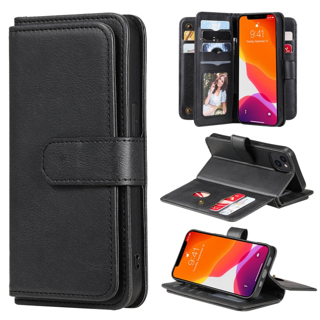 Multifunctional Magnetic Copper Buckle Horizontal Flip Solid Color Leather Case with 10 Card Slots & Wallet & Holder & Photo Frame For iPhone 13(Black)-garmade.com