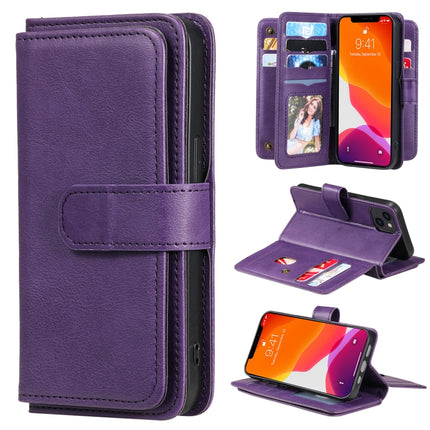 Multifunctional Magnetic Copper Buckle Horizontal Flip Solid Color Leather Case with 10 Card Slots & Wallet & Holder & Photo Frame For iPhone 13(Purple)-garmade.com