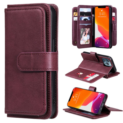 Multifunctional Magnetic Copper Buckle Horizontal Flip Solid Color Leather Case with 10 Card Slots & Wallet & Holder & Photo Frame For iPhone 13 Pro(Wine Red)-garmade.com