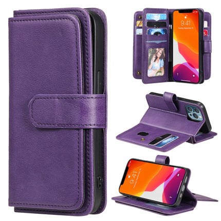 Multifunctional Magnetic Copper Buckle Horizontal Flip Solid Color Leather Case with 10 Card Slots & Wallet & Holder & Photo Frame For iPhone 13 Pro(Purple)-garmade.com