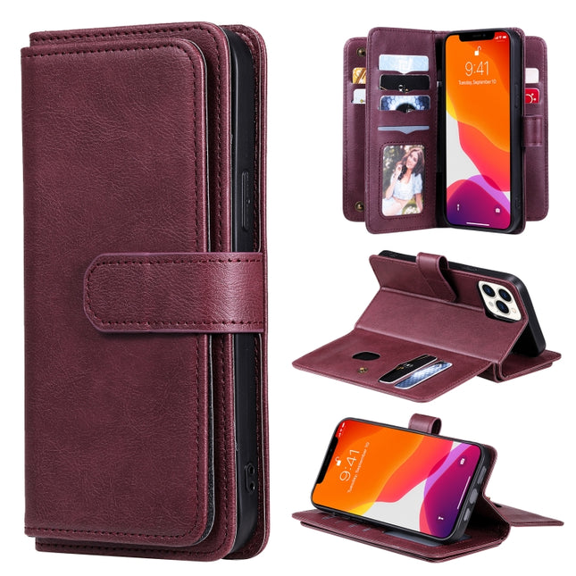 Multifunctional Magnetic Copper Buckle Horizontal Flip Solid Color Leather Case with 10 Card Slots & Wallet & Holder & Photo Frame For iPhone 13 Pro Max(Wine Red)-garmade.com