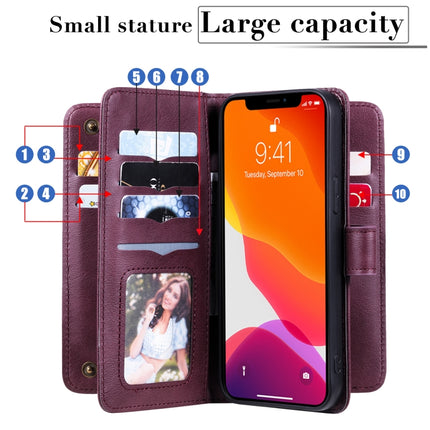 Multifunctional Magnetic Copper Buckle Horizontal Flip Solid Color Leather Case with 10 Card Slots & Wallet & Holder & Photo Frame For iPhone 13 Pro Max(Wine Red)-garmade.com
