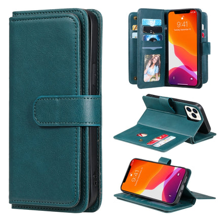 Multifunctional Magnetic Copper Buckle Horizontal Flip Solid Color Leather Case with 10 Card Slots & Wallet & Holder & Photo Frame For iPhone 13 Pro Max(Dark Green)-garmade.com