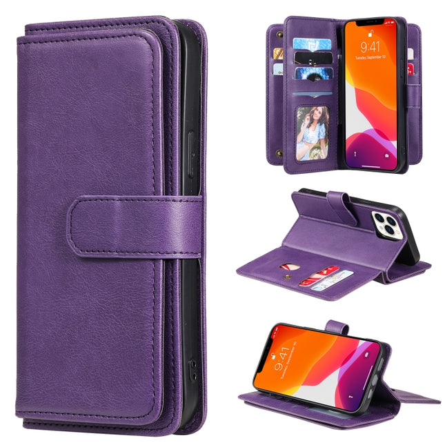 Multifunctional Magnetic Copper Buckle Horizontal Flip Solid Color Leather Case with 10 Card Slots & Wallet & Holder & Photo Frame For iPhone 13 Pro Max(Purple)-garmade.com