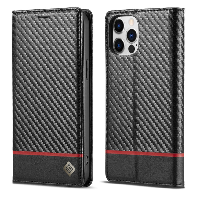 LC.IMEEKE Carbon Fiber PU + TPU Horizontal Flip Leather Case with Holder & Card Slot & Wallet For iPhone 13 Pro Max(Horizontal Black)-garmade.com