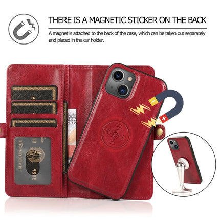 Strong Magnetic Detachable Horizontal Flip Leather Case with Card Slots & Wallet For iPhone 13(Red)-garmade.com
