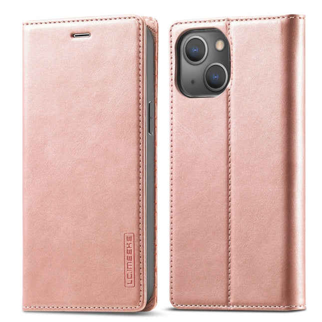 LC.IMEEKE Strong Magnetic PU + Matte TPU Horizontal Flip Leather Case with Holder & Card Slots & Wallet For iPhone 13(Rose Gold)-garmade.com