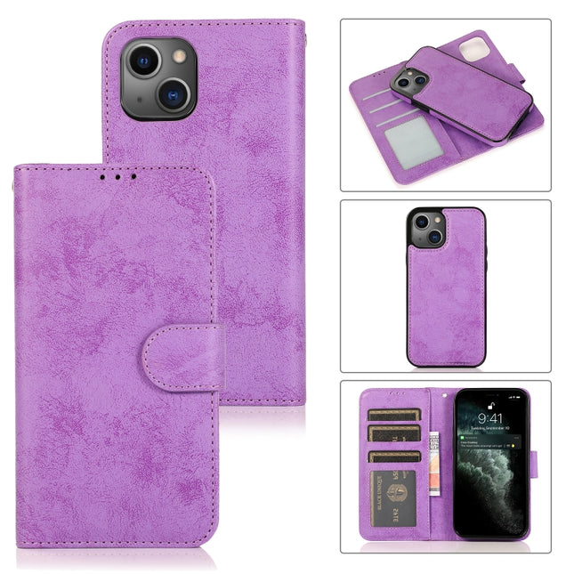 Retro 2 in 1 Detachable Horizontal Flip Leather Case with Card Slots & Wallet For iPhone 13(Purple)-garmade.com