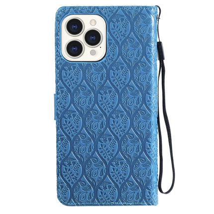 Pressed Printing Rattan Flower Pattern Horizontal Flip PU Leather Case with Holder & Card Slots & Wallet & Photo Frame For iPhone 13 Pro(Blue)-garmade.com