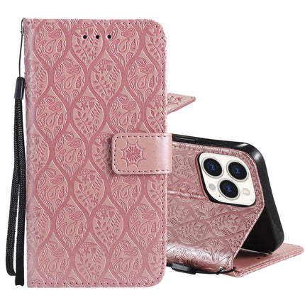 Pressed Printing Rattan Flower Pattern Horizontal Flip PU Leather Case with Holder & Card Slots & Wallet & Photo Frame For iPhone 13 Pro(Rose Gold)-garmade.com