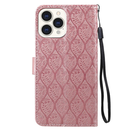 Pressed Printing Rattan Flower Pattern Horizontal Flip PU Leather Case with Holder & Card Slots & Wallet & Photo Frame For iPhone 13 Pro(Rose Gold)-garmade.com