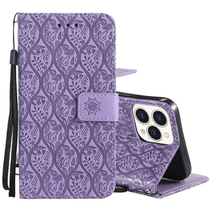 Pressed Printing Rattan Flower Pattern Horizontal Flip PU Leather Case with Holder & Card Slots & Wallet & Photo Frame For iPhone 13 Pro(Purple)-garmade.com