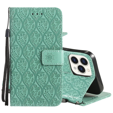 Pressed Printing Rattan Flower Pattern Horizontal Flip PU Leather Case with Holder & Card Slots & Wallet & Photo Frame For iPhone 13 Pro Max(Green)-garmade.com