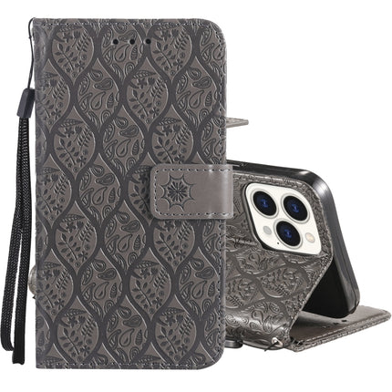 Pressed Printing Rattan Flower Pattern Horizontal Flip PU Leather Case with Holder & Card Slots & Wallet & Photo Frame For iPhone 13 Pro Max(Grey)-garmade.com