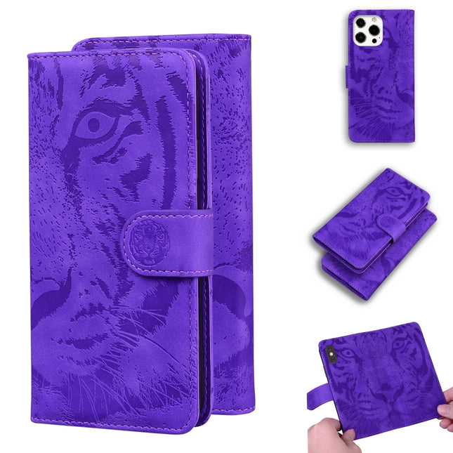 Tiger Embossing Pattern Horizontal Flip Leather Case with Holder & Card Slots & Wallet For iPhone 13 Pro Max(Purple)-garmade.com
