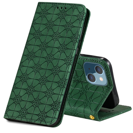 Lucky Flowers Embossing Pattern Magnetic Horizontal Flip Leather Case with Holder & Card Slots For iPhone 13 mini(Dark Green)-garmade.com