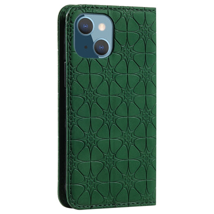 Lucky Flowers Embossing Pattern Magnetic Horizontal Flip Leather Case with Holder & Card Slots For iPhone 13 mini(Dark Green)-garmade.com