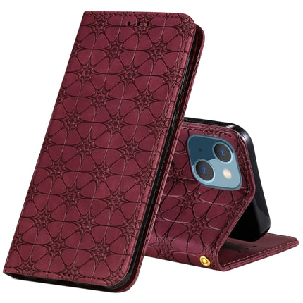 Lucky Flowers Embossing Pattern Magnetic Horizontal Flip Leather Case with Holder & Card Slots For iPhone 13 mini(Wine Red)-garmade.com