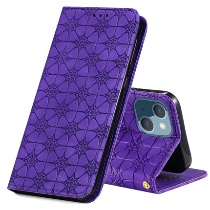 Lucky Flowers Embossing Pattern Magnetic Horizontal Flip Leather Case with Holder & Card Slots For iPhone 13 mini(Purple)-garmade.com