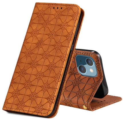 Lucky Flowers Embossing Pattern Magnetic Horizontal Flip Leather Case with Holder & Card Slots For iPhone 13(Yellow Brown)-garmade.com