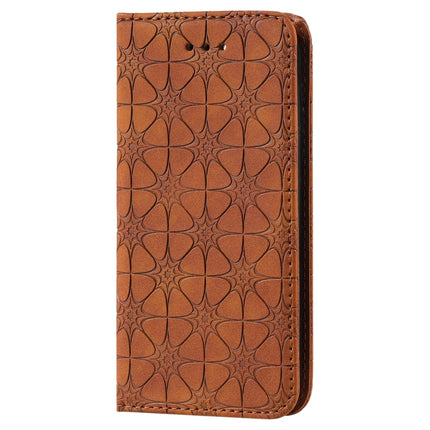 Lucky Flowers Embossing Pattern Magnetic Horizontal Flip Leather Case with Holder & Card Slots For iPhone 13(Yellow Brown)-garmade.com