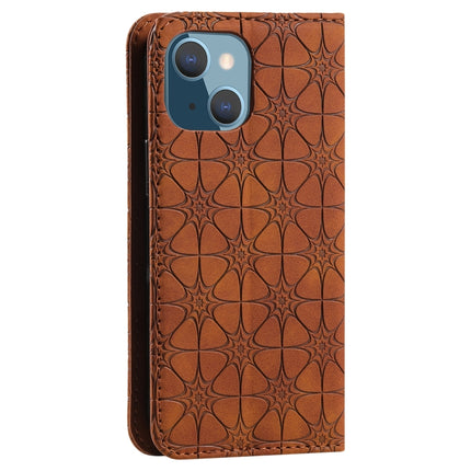 Lucky Flowers Embossing Pattern Magnetic Horizontal Flip Leather Case with Holder & Card Slots For iPhone 13(Yellow Brown)-garmade.com