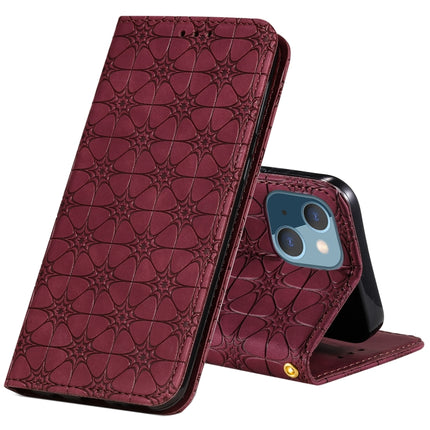 Lucky Flowers Embossing Pattern Magnetic Horizontal Flip Leather Case with Holder & Card Slots For iPhone 13(Wine Red)-garmade.com