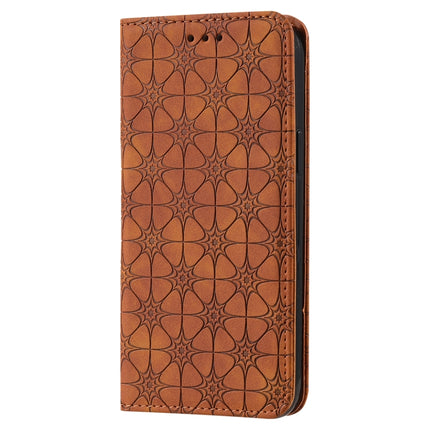 Lucky Flowers Embossing Pattern Magnetic Horizontal Flip Leather Case with Holder & Card Slots For iPhone 13 Pro(Yellow Brown)-garmade.com
