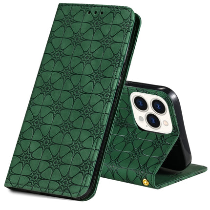 Lucky Flowers Embossing Pattern Magnetic Horizontal Flip Leather Case with Holder & Card Slots For iPhone 13 Pro(Dark Green)-garmade.com