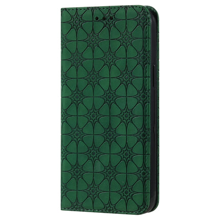 Lucky Flowers Embossing Pattern Magnetic Horizontal Flip Leather Case with Holder & Card Slots For iPhone 13 Pro(Dark Green)-garmade.com