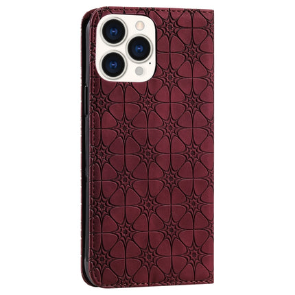 Lucky Flowers Embossing Pattern Magnetic Horizontal Flip Leather Case with Holder & Card Slots For iPhone 13 Pro(Wine Red)-garmade.com