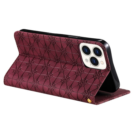 Lucky Flowers Embossing Pattern Magnetic Horizontal Flip Leather Case with Holder & Card Slots For iPhone 13 Pro(Wine Red)-garmade.com