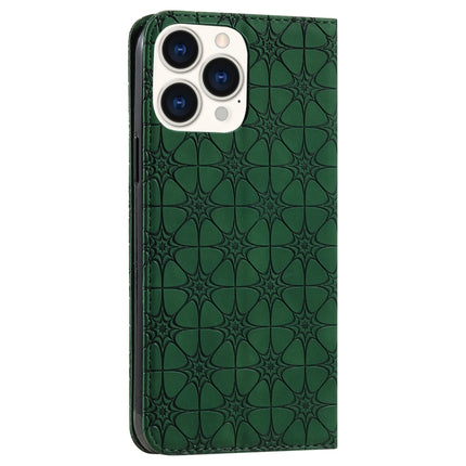 Lucky Flowers Embossing Pattern Magnetic Horizontal Flip Leather Case with Holder & Card Slots For iPhone 13 Pro Max(Dark Green)-garmade.com