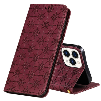Lucky Flowers Embossing Pattern Magnetic Horizontal Flip Leather Case with Holder & Card Slots For iPhone 13 Pro Max(Wine Red)-garmade.com