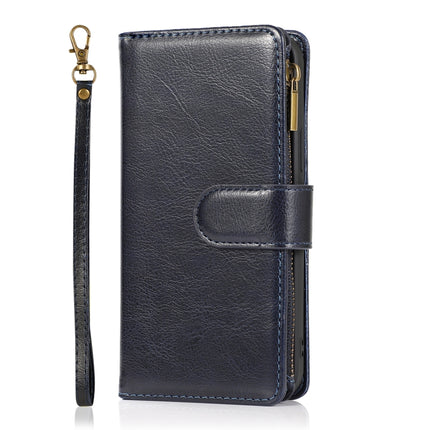 Multifunctional Crazy Horse Texture Horizontal Flip Leather Case with 9 Card Slot & Holder & Zipper Wallet & Lanyard For iPhone 13(Blue)-garmade.com