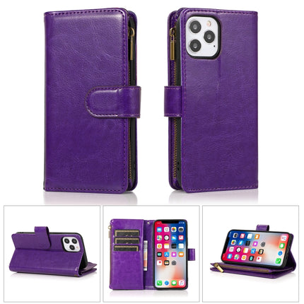 Multifunctional Crazy Horse Texture Horizontal Flip Leather Case with 9 Card Slot & Holder & Zipper Wallet & Lanyard For iPhone 13(Purple)-garmade.com