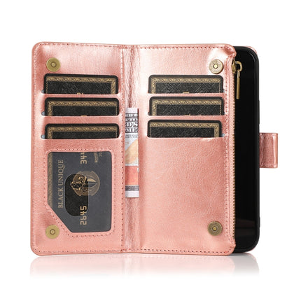 Multifunctional Crazy Horse Texture Horizontal Flip Leather Case with 9 Card Slot & Holder & Zipper Wallet & Lanyard For iPhone 13 Pro(Rose Gold)-garmade.com