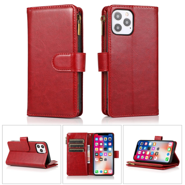 Multifunctional Crazy Horse Texture Horizontal Flip Leather Case with 9 Card Slot & Holder & Zipper Wallet & Lanyard For iPhone 13 Pro Max(Red)-garmade.com