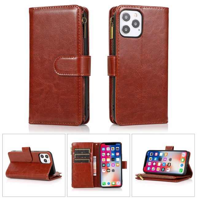 Multifunctional Crazy Horse Texture Horizontal Flip Leather Case with 9 Card Slot & Holder & Zipper Wallet & Lanyard For iPhone 13 Pro Max(Brown)-garmade.com