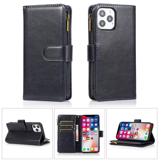 Multifunctional Crazy Horse Texture Horizontal Flip Leather Case with 9 Card Slot & Holder & Zipper Wallet & Lanyard For iPhone 13 Pro Max(Blue)-garmade.com