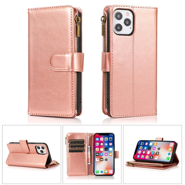 Multifunctional Crazy Horse Texture Horizontal Flip Leather Case with 9 Card Slot & Holder & Zipper Wallet & Lanyard For iPhone 13 Pro Max(Rose Gold)-garmade.com
