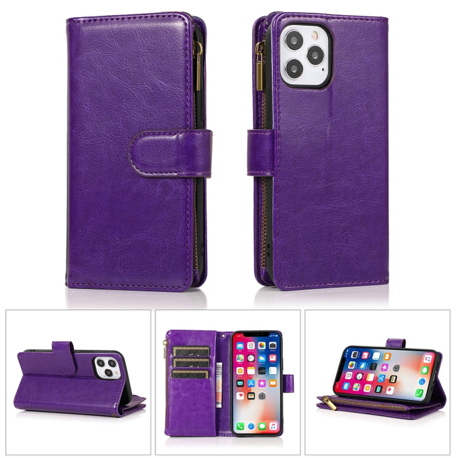 Multifunctional Crazy Horse Texture Horizontal Flip Leather Case with 9 Card Slot & Holder & Zipper Wallet & Lanyard For iPhone 13 Pro Max(Purple)-garmade.com