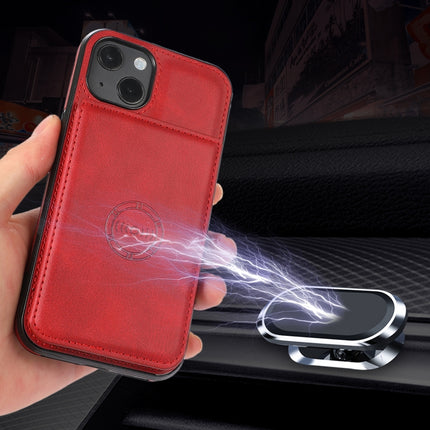 Calf Texture Magnetic Card Bag PU Shockproof Case with Holder & Card Slot For iPhone 13(Red)-garmade.com
