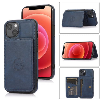 Calf Texture Magnetic Card Bag PU Shockproof Case with Holder & Card Slot For iPhone 13(Blue)-garmade.com