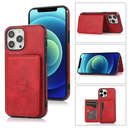 Calf Texture Magnetic Card Bag PU Shockproof Case with Holder & Card Slot For iPhone 13 Pro Max(Red)-garmade.com