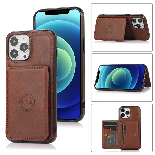 Calf Texture Magnetic Card Bag PU Shockproof Case with Holder & Card Slot For iPhone 13 Pro Max(Coffee)-garmade.com