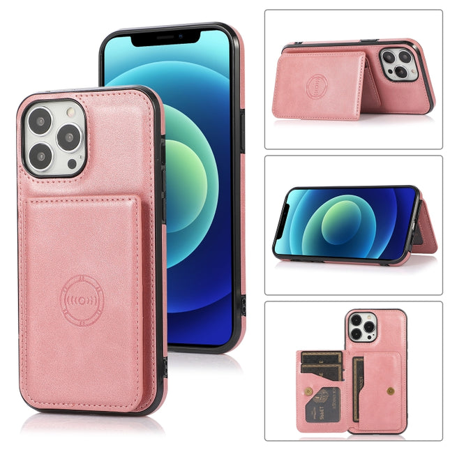 Calf Texture Magnetic Card Bag PU Shockproof Case with Holder & Card Slot For iPhone 13 Pro Max(Rose Gold)-garmade.com